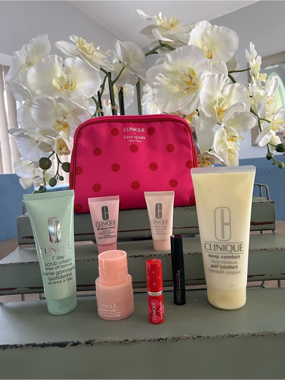 Clinique Kate Spade makeup bag with travel size skin care, accessories